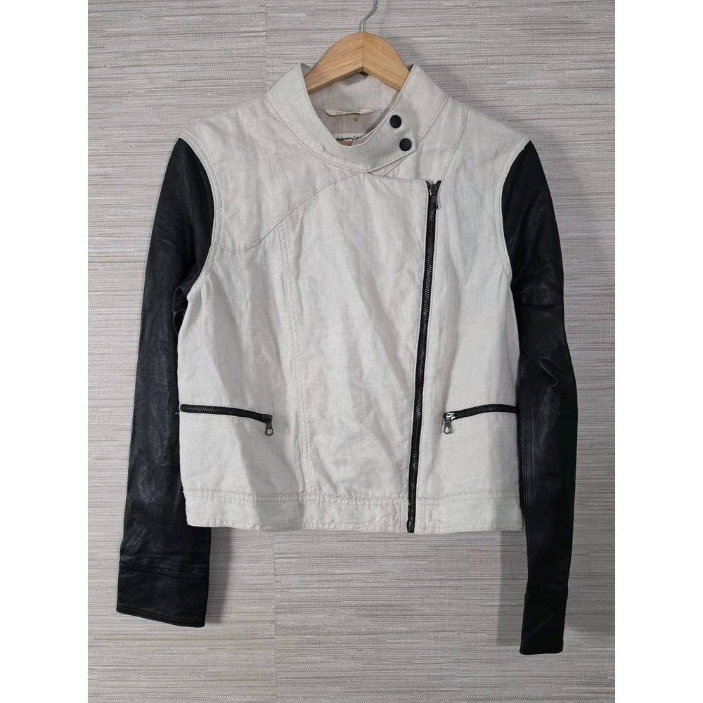Rag & Bone Lambs Jacket Womens Lrg White Black Leather Long Sleeve Full Zip